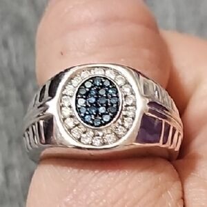 Elegant Sterling Silver and Blue Sapphire With Lab Created Diamonds, Men's Ring